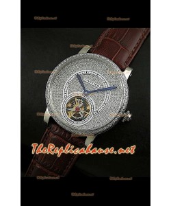 Cartier Calibre Tourbillon Montre avec Cadran de Diamants Bracelet Marron