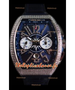 Franck Muller Vanguard montre suisse chronographe en acier 904L cadran bleu avec diamants 