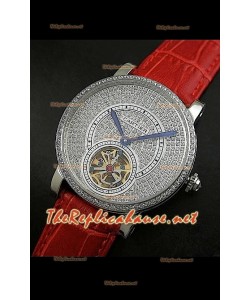 Cartier Calibre Tourbillon Montre avec Cadran de Diamants Bracelet Rouge