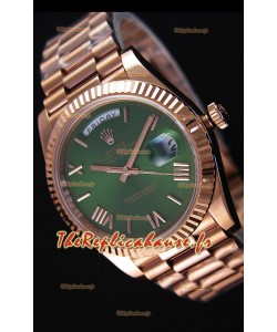 Réplique de montre Rolex Day Date Japonaise - Boîtier en or rose et cadran vert 40MM